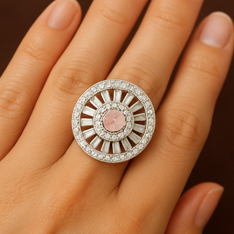 “Ellnora’s Women’s Cocktail Ring with Pink Center Stone & Halo Crystal Design”