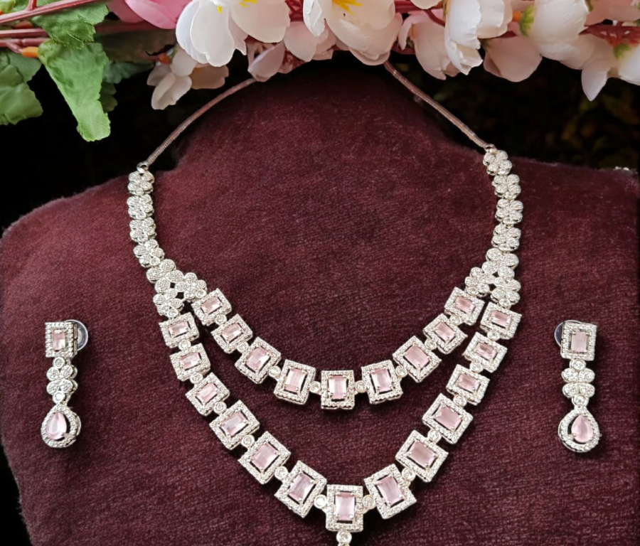 ELLNORA'S Stunning Silver and Pink Cubic Zirconia Bridal Necklace Set