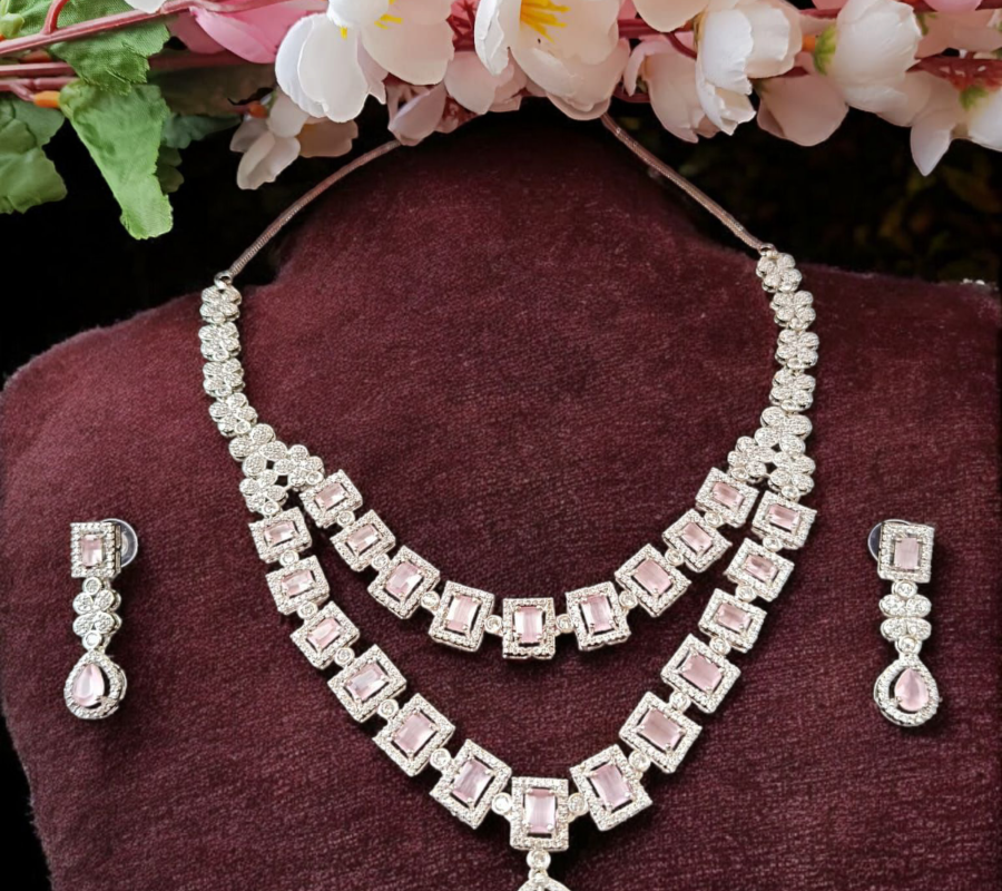 ELLNORA’S Stunning Silver and Pink Cubic Zirconia Bridal Necklace Set