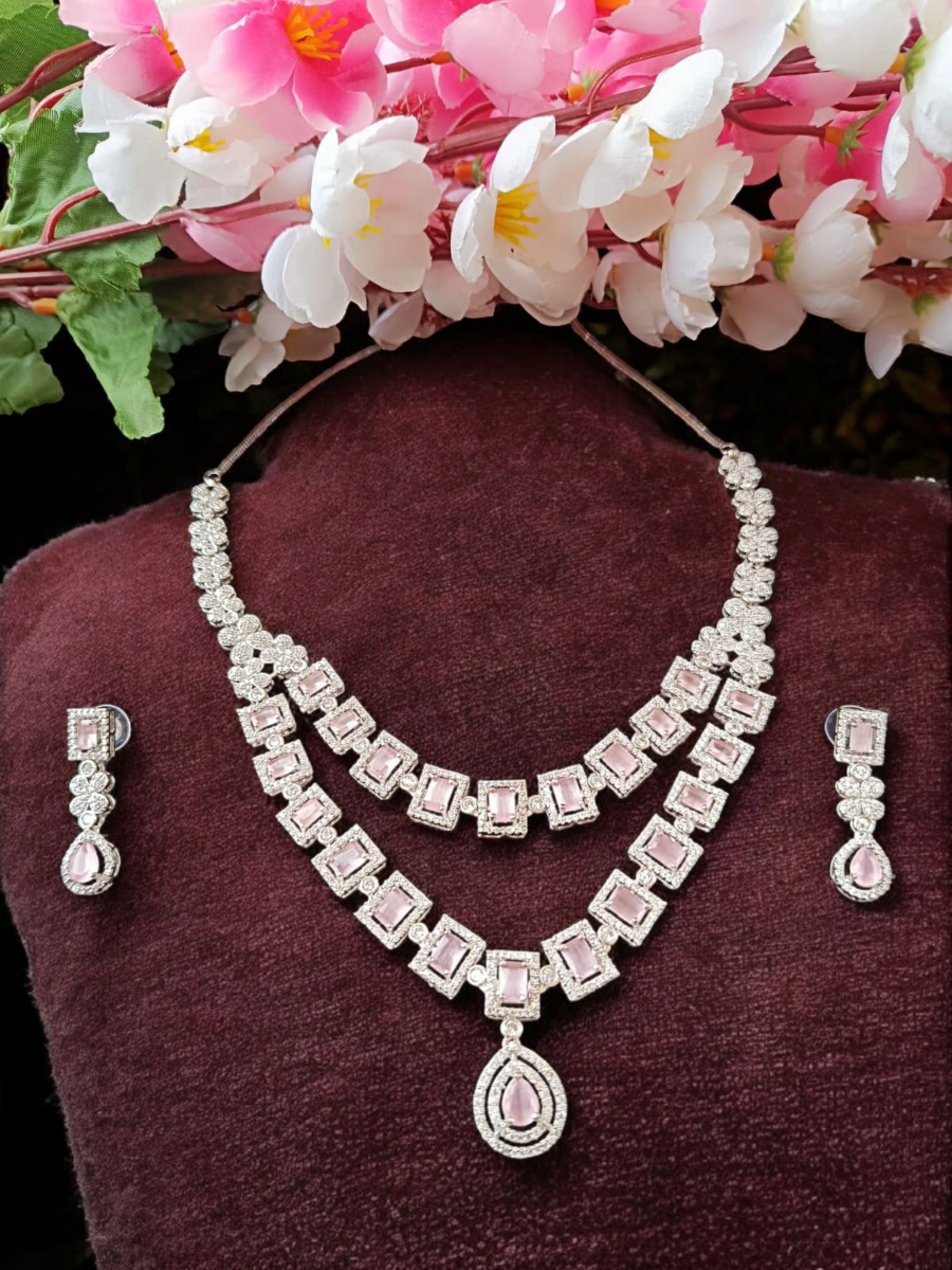 ELLNORA’S Stunning Silver and Pink Cubic Zirconia Bridal Necklace Set