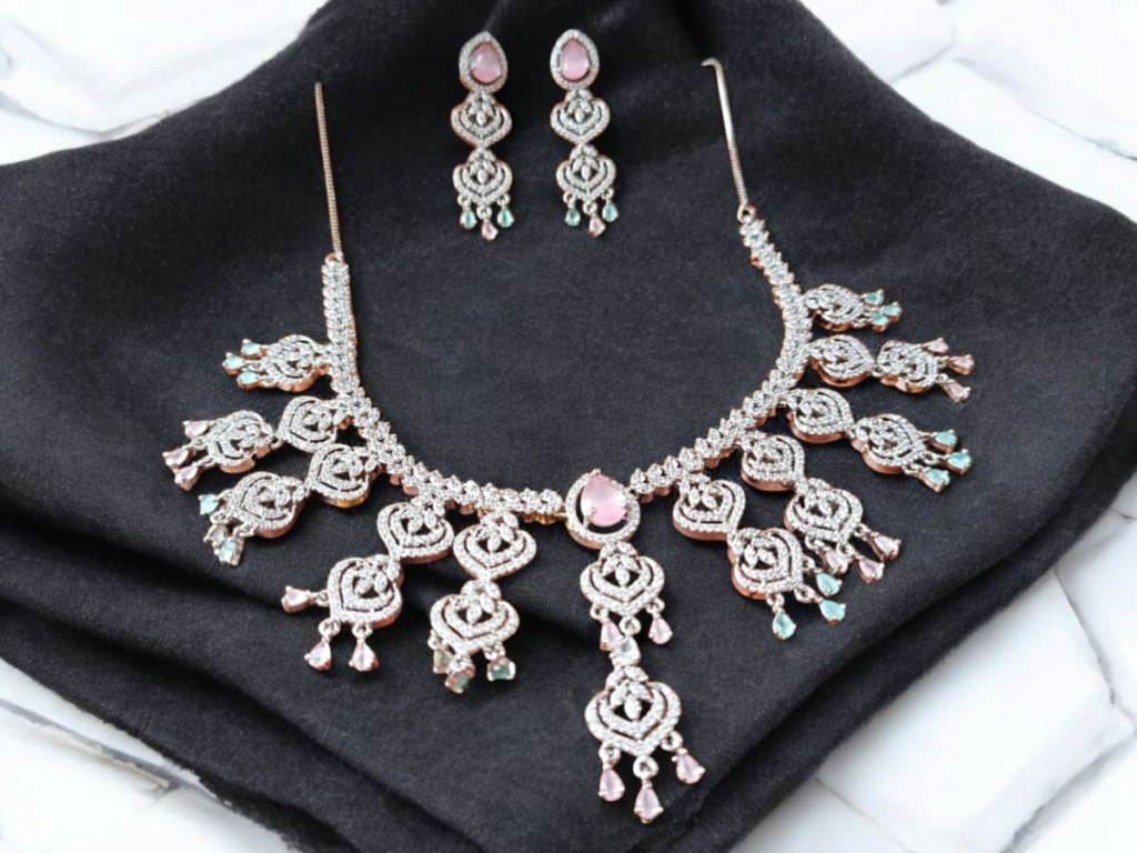 Ellnors's Stunning Silver Plated Kundan and Pearl Necklace Set with Earrings for Women