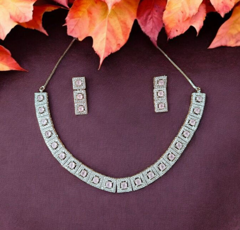 Ellnora's Elegant and Stylish Silver Necklace Set with Pink Stones