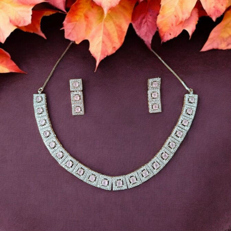 Ellnora’s Elegant and Stylish Silver Necklace Set with Pink Stones