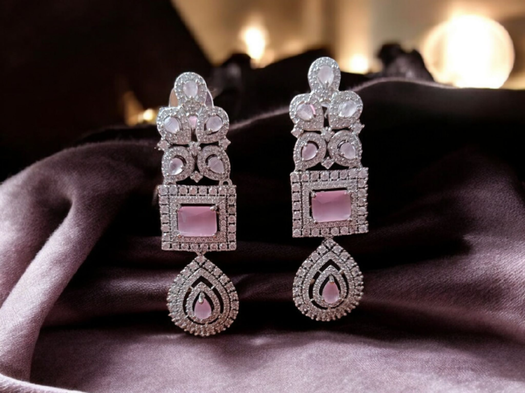 Ellnora's Exquisite Silver Drop Earrings with Pink Gemstones