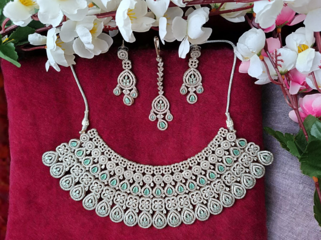 ELLNORA'S American Diamond and Emerald Necklace Set with Maang Tikka for Women
