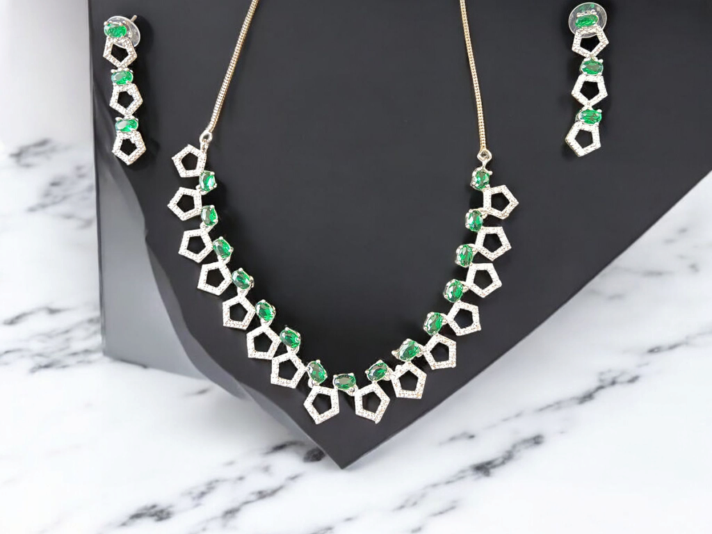 Ellnora's Multi-Color Emerald and Diamond Necklace Set in Sterling Silver