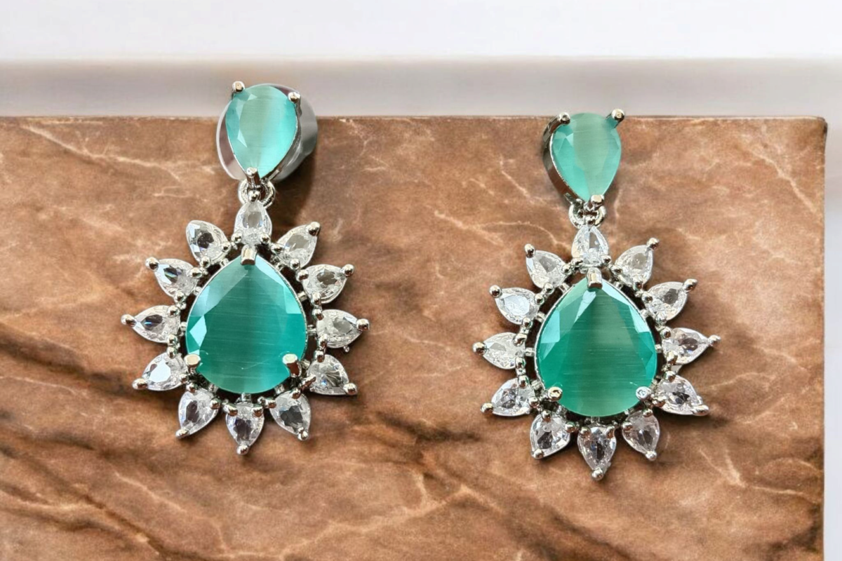 Ellnora’s Teal Gemstone & Cubic Zirconia Drop Earrings