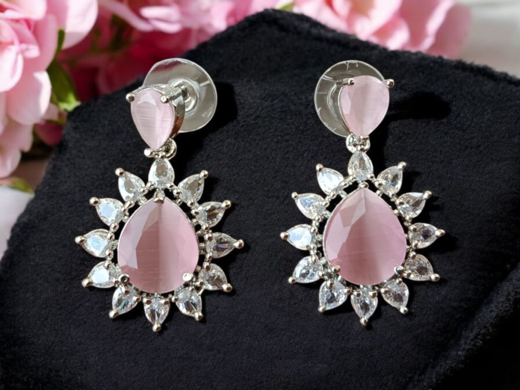 ELLNORA'S Elegant Pink Gemstone Dangle Earrings with Shimmering Halo