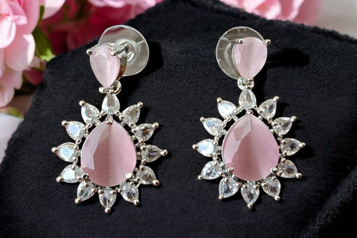 ELLNORA’S Elegant Pink Gemstone Dangle Earrings with Shimmering Halo