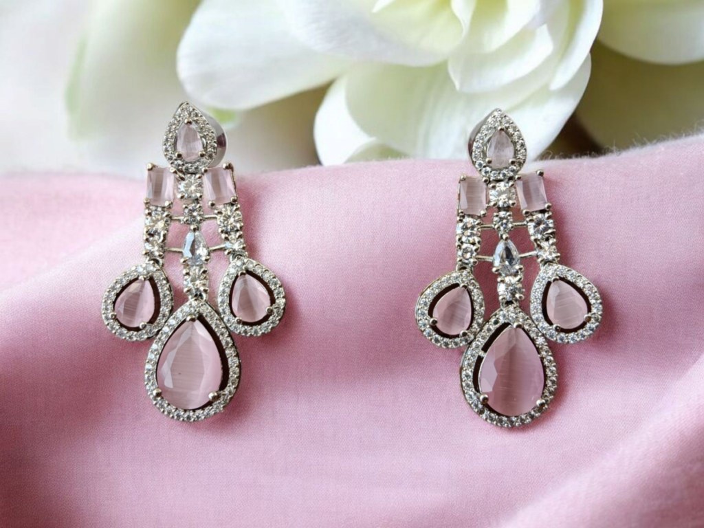 Elegant Pink Stone & American Diamond Chandelier Dangler Earrings for Women