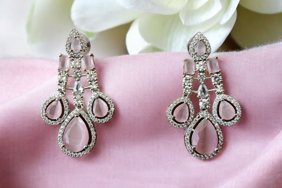 Elegant Pink Stone & American Diamond Chandelier Dangler Earrings for Women