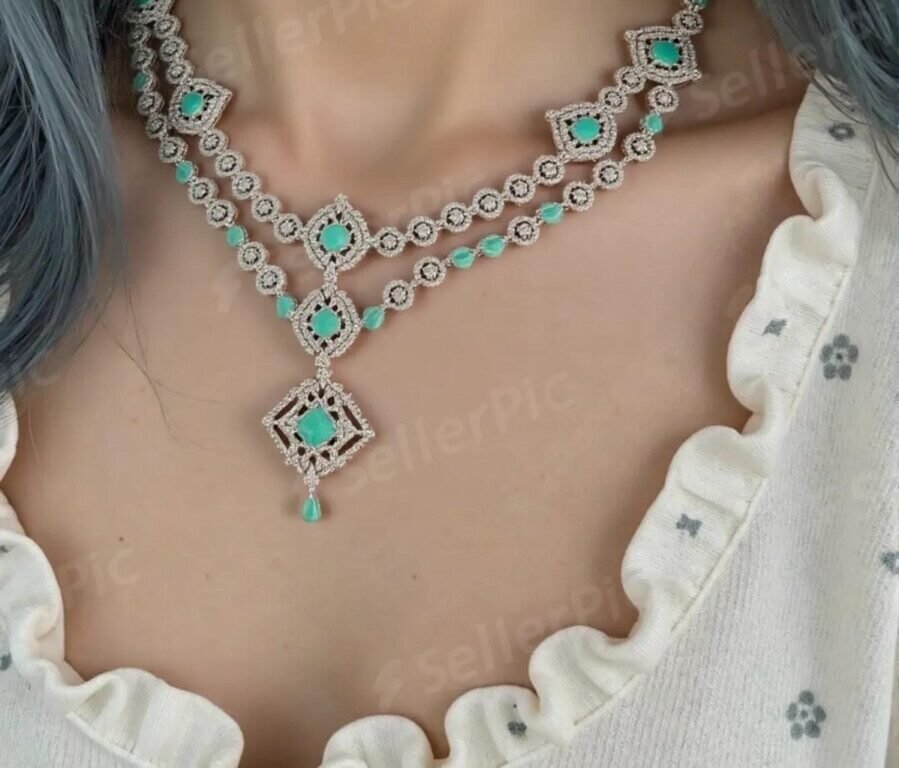 ELLNORA'S "Stunning Emerald and Diamond Necklace Set " with beautiful sparkling green stone