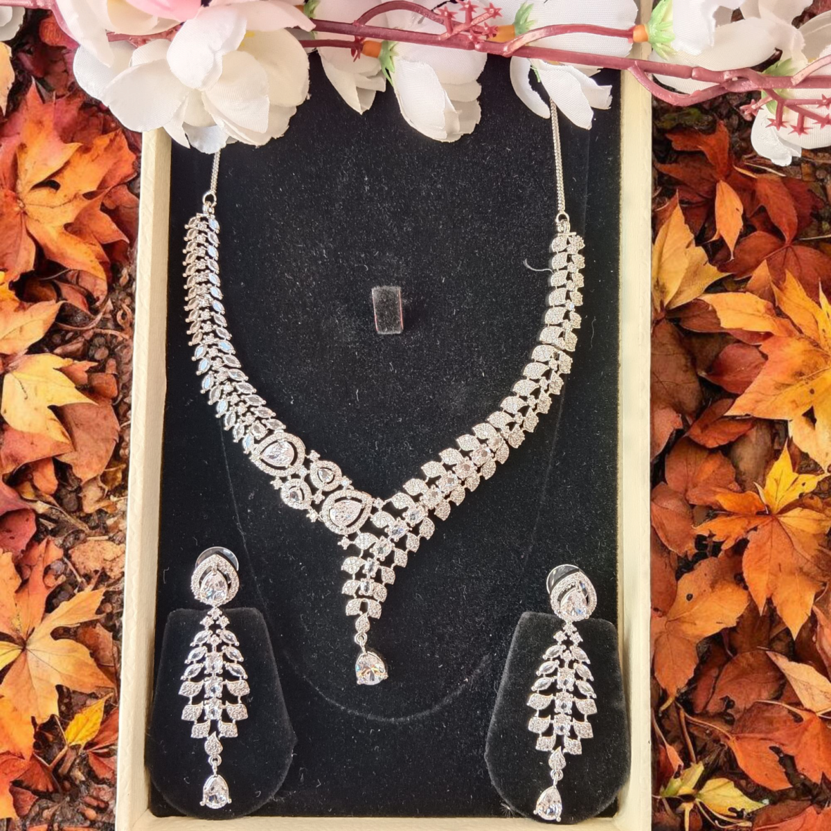 Stunning American Diamond Necklace Set in White Gold Plated 925 Sterling Silver Neckless with Earrings for Girls & Women