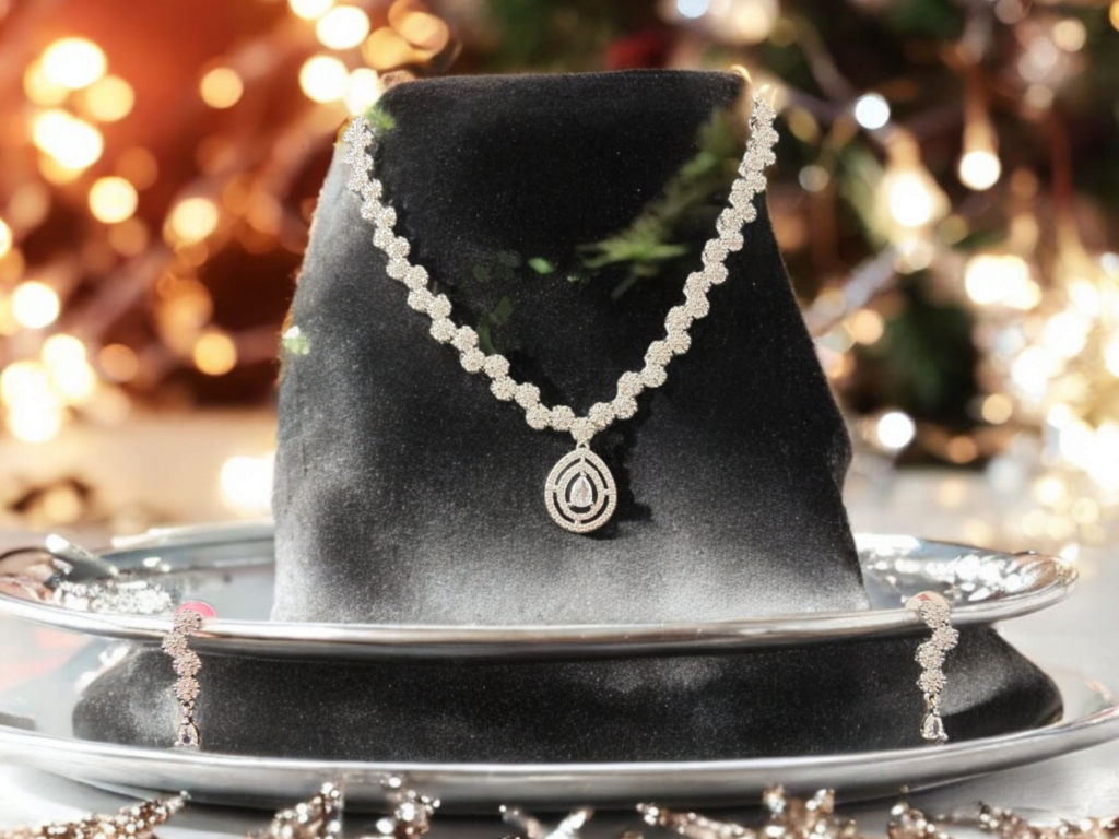 ELLNORA'S Gold Plated American Diamond Necklace Set with Earrings for Girls & Women