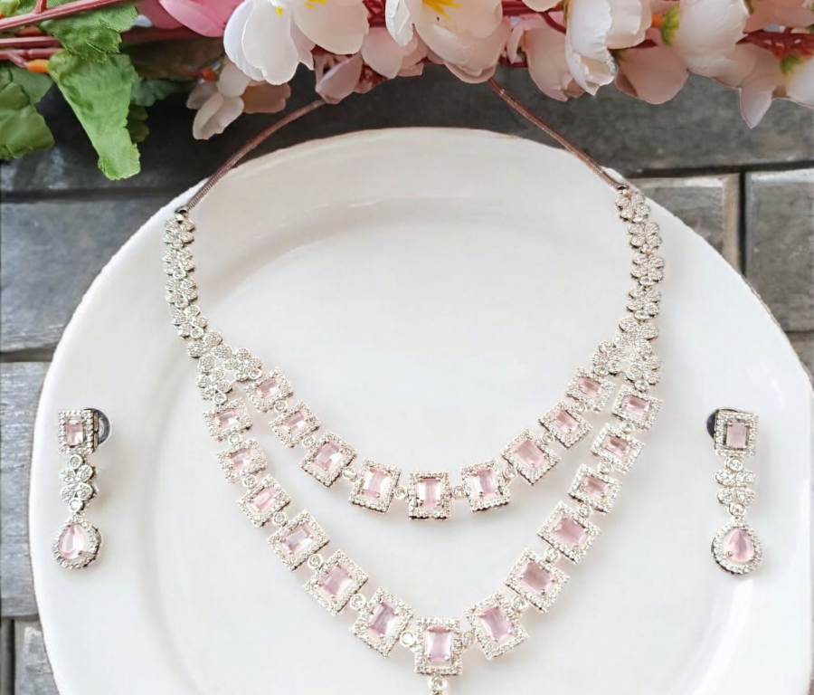 Stunning Silver Plated Diamond Necklace Set with Earrings for Girls & Women