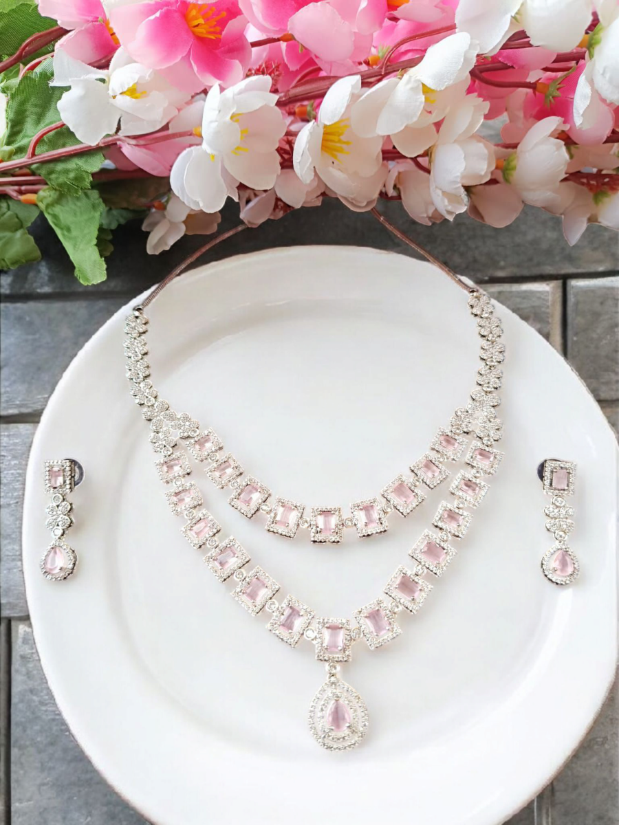 Stunning Silver Plated Diamond Necklace Set with Earrings for Girls & Women