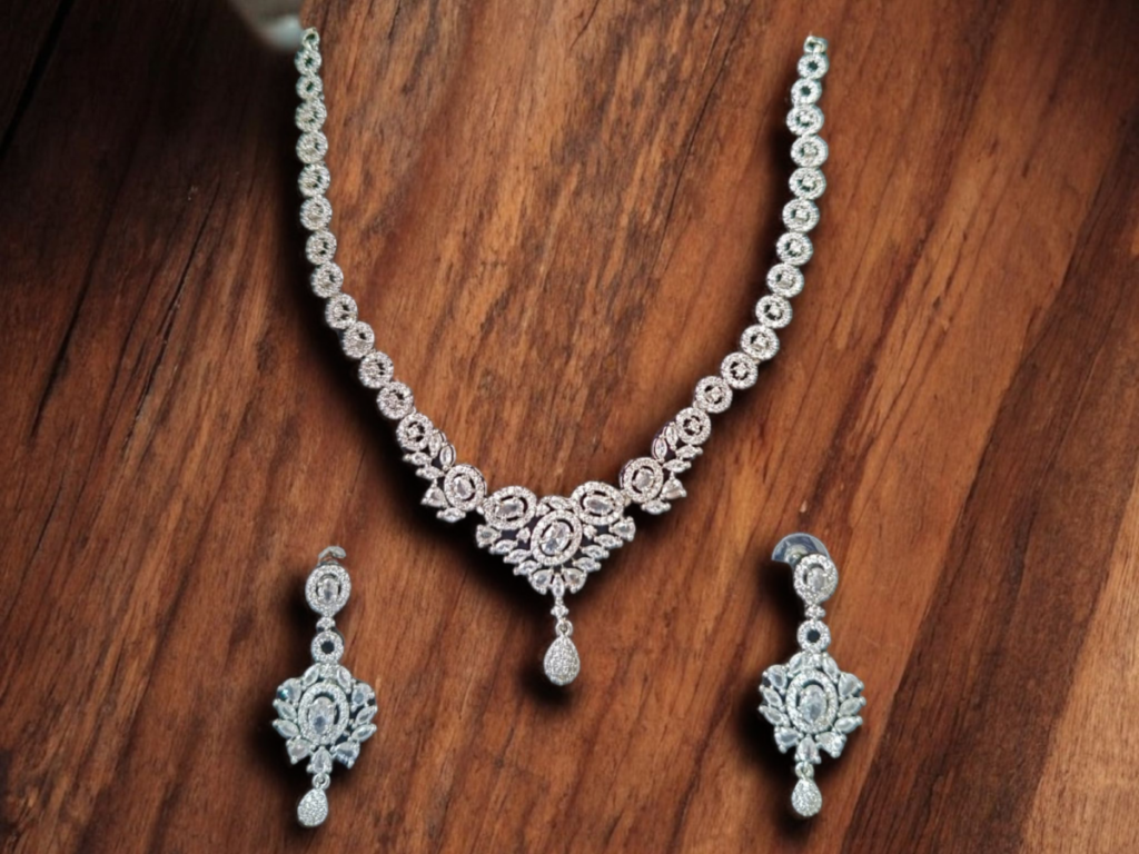 ELLNORA'S  Stunning Cubic Zirconia Bridal Necklace Set in White Gold Plated 925 Sterling Silver