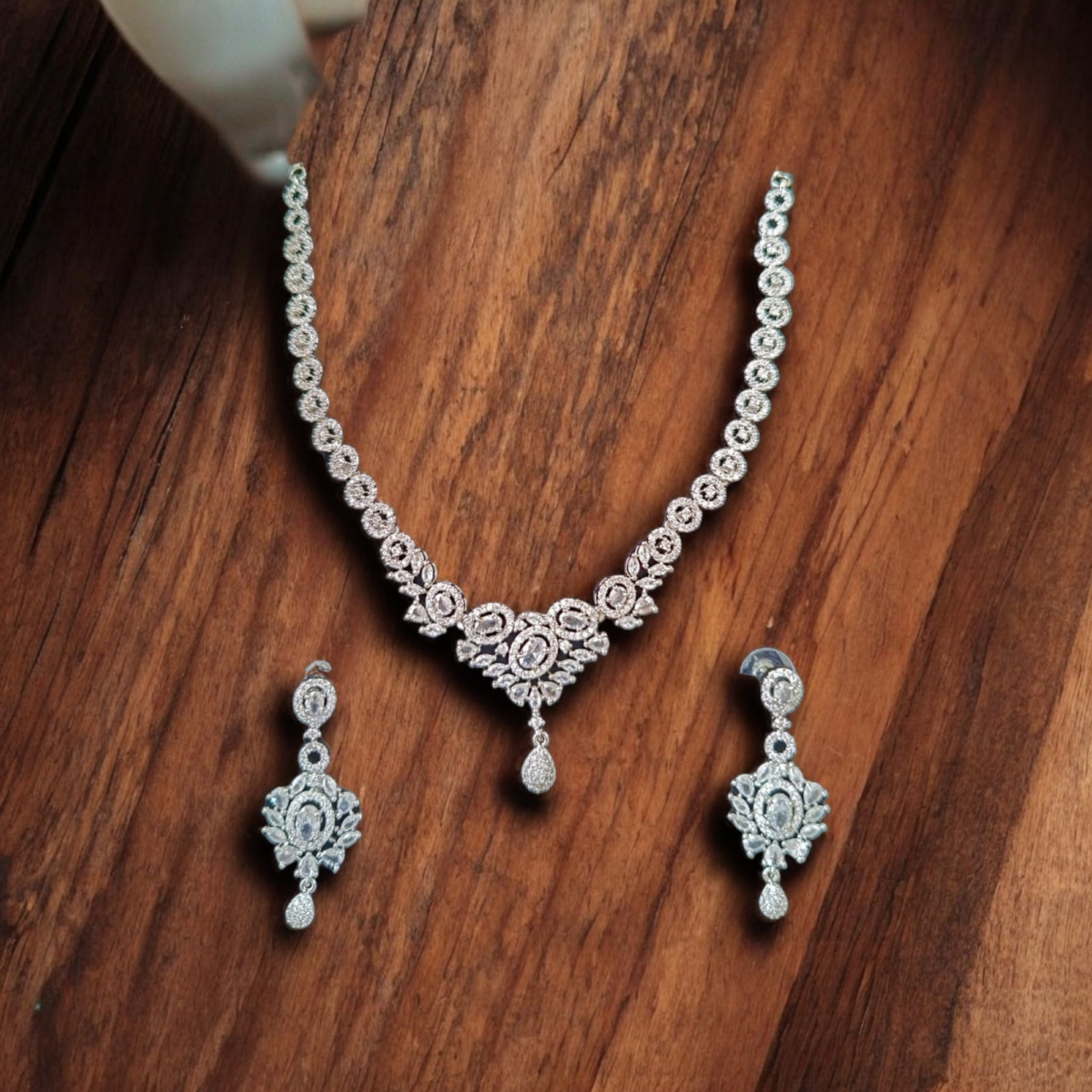 ELLNORA’S  Stunning Cubic Zirconia Bridal Necklace Set in White Gold Plated 925 Sterling Silver