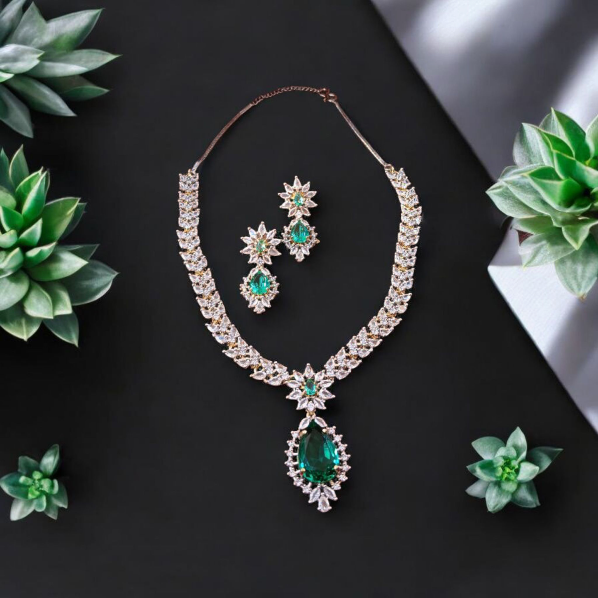 Ellnora’s  “Stunning Emerald and Diamond Necklace and Earring Set” for party wear and all occasions